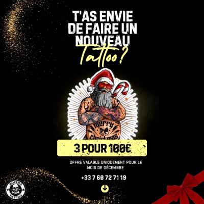 Promotion de Noël : 3 tatouages minimalistes jusqu'à 8 cm pour 100€, valable uniquement jusqu'à la fin décembre.